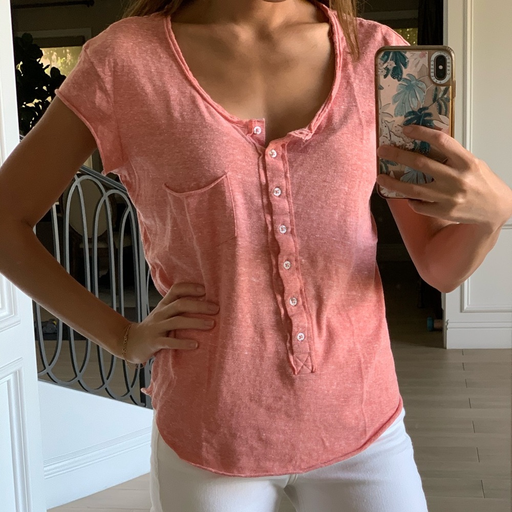 Free People Coral Button Front Tee